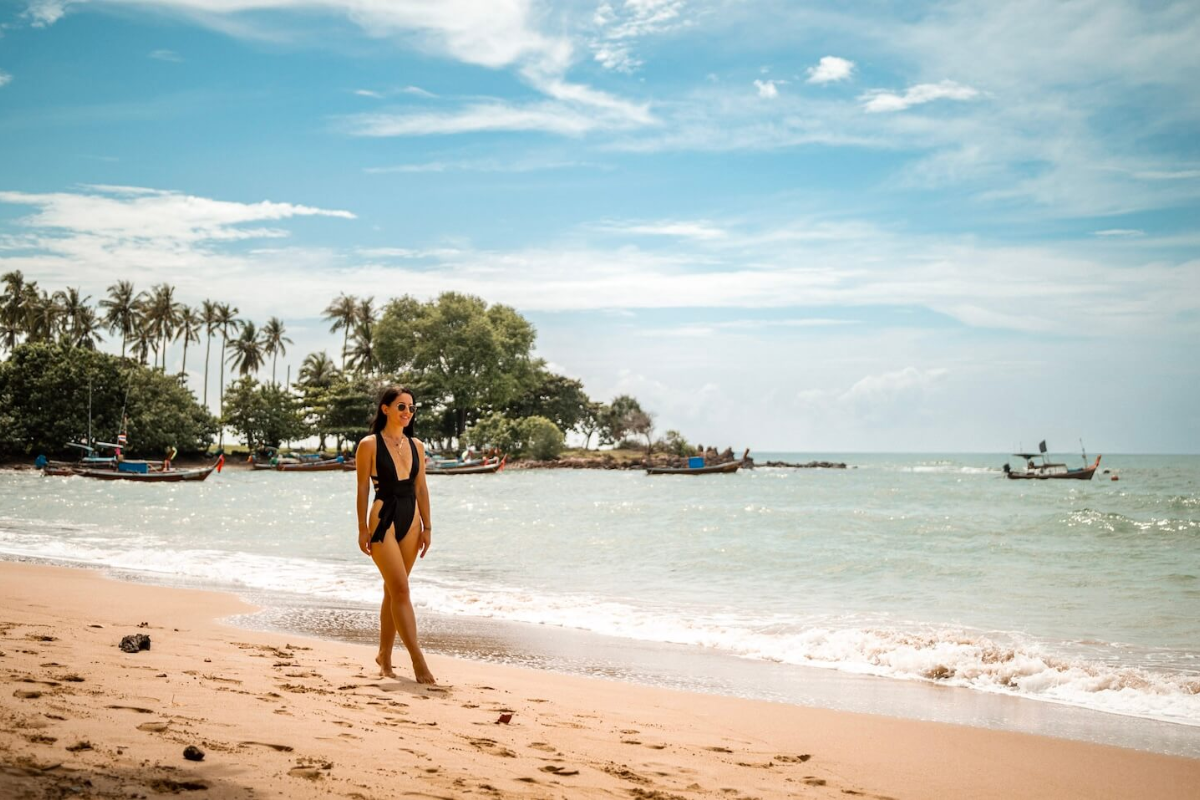 Sunny beach in Thailand with clear blue skies in February